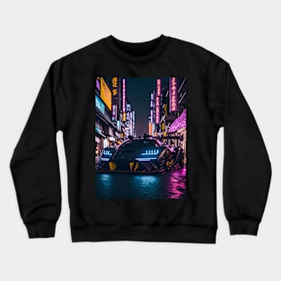 Dark Neon Sports Car in Japanese Neon City Crewneck Sweatshirt